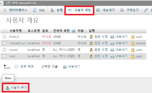 phpmyadmin 사용자 계정 추가